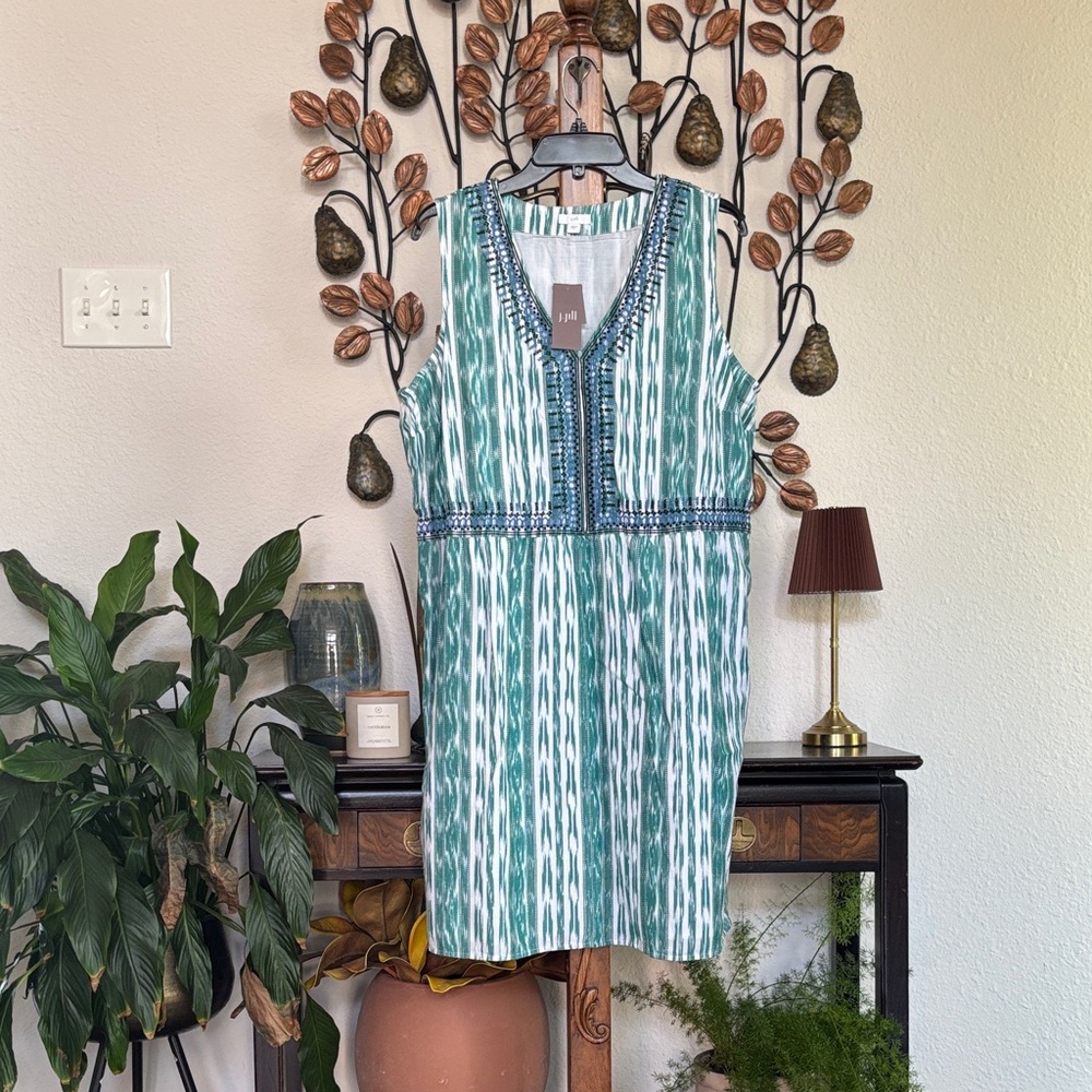 NWT J. Jill Green & White Ikat Sleeveless V-Neck Midi Dress Size L 100% cotton